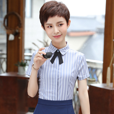 夏季短袖衬衫女韩版新款修身气质百搭条纹职业衬衣